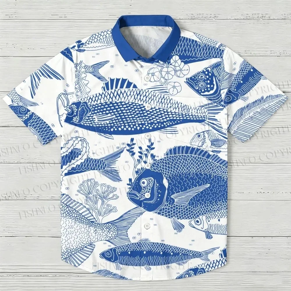 Blue Fish Button Up Shirt 3D Pattern Style Men's Hawaiian Shirt