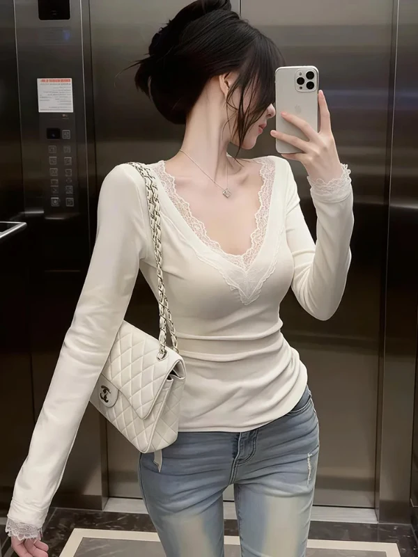 

plus Size Women's White Lace Trim V-Ne Base irt Autumn Winter Thiened Brued Slim Long Sve T-irt Top