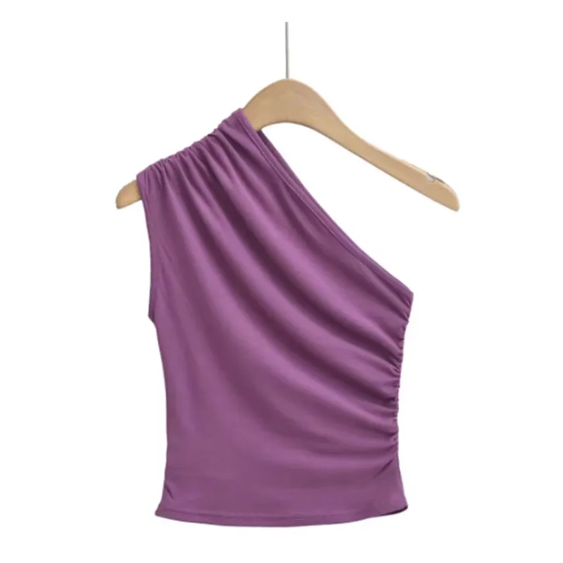 Top Corto Asimétrico Sexy y Moderno con Diseño de Pliegues Laters, Estilo Informal para el Trabajo, Color Sólido, Estilo V...