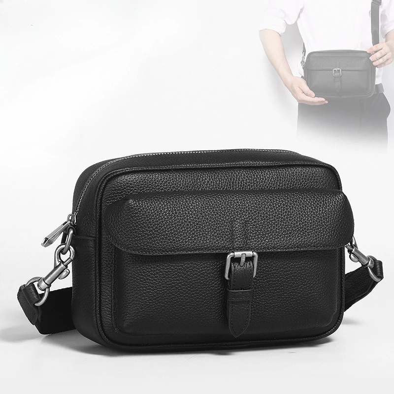 Genuine Leather Men's Shoulder Bag, Top Layer Cowhide Shoulder Bag, Solid Color Tablet Computer Trend Men's Bag
