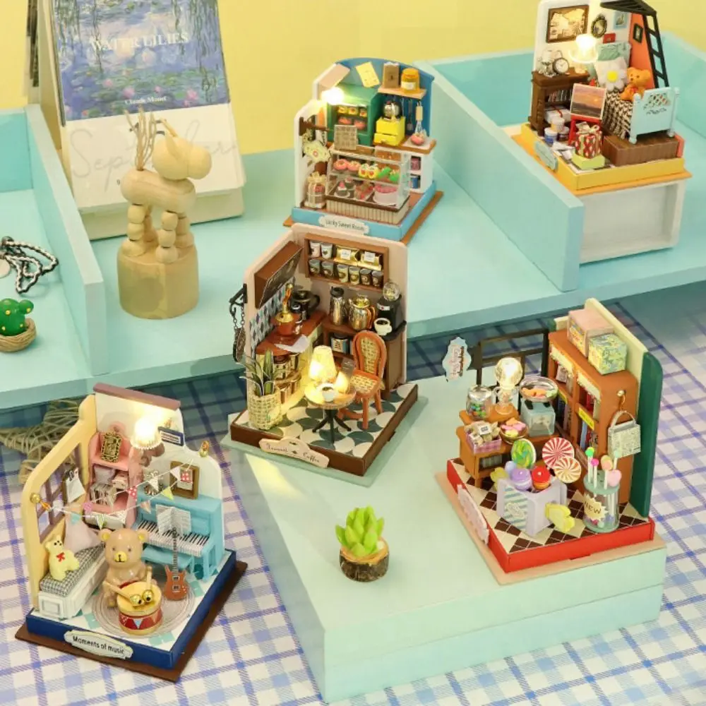 

Handmade Coffee Shop Dollhouse Kit Mini Size Assembly Required Wooden Assembly Toy 3D Design Wooden Material DIY 3D Puzzle