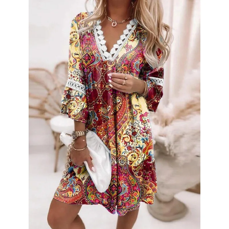 Casual Boho Dresses for Women 2024 Summer Loose Vintage Floral Print V-Neck Flare Sleeve Loose Dresses Women Mini Dress Vestidos