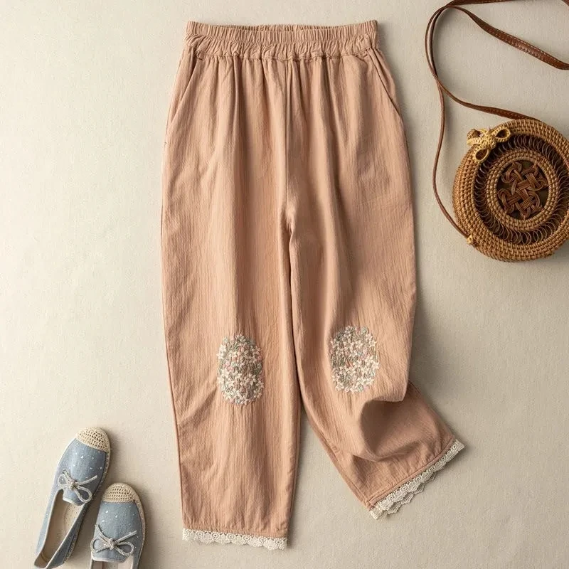 

Cotton and linen embroidered casual pants women's summer new fashion literary retro loose lace nine-point harem pants