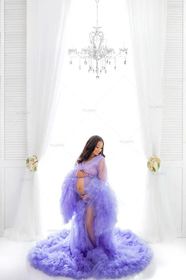 Customized Maternity Robe Women Dress Puffy Tulle Robes for Photo Shoot Ruffle Split Long Dressing Gown Baby Shower Sleepwear