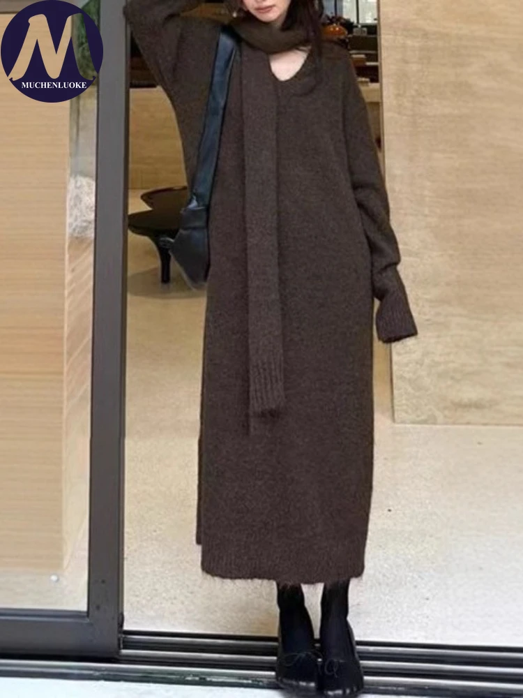 우아한 브이넥 니트 스웨터 드레스 여성용 다용도 가을 겨울 롱 캐주얼 루즈 패션 한국 스타일 스카프 포함