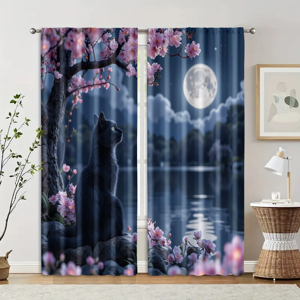 2pcs, Curtains Cherry Blossom Black Cat Machine Washable Polyester (without rod) Thermal Insulation, and Room Darkening