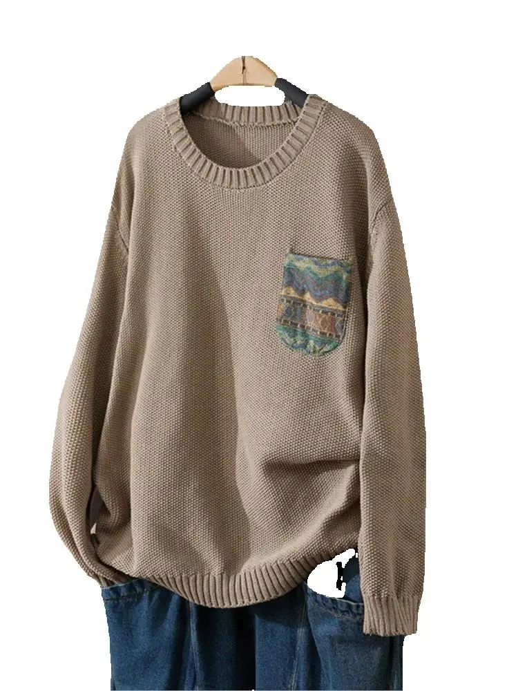 

Осенний вязаный свитер большого размера, женский повседневный джемпер, женские топы в стиле пэчворк, свободный женский вязаный пуловер с длинными рукавами, свитера