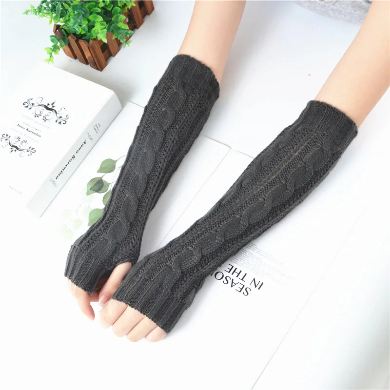 Women\'s Long Fingerless Gloves Winter Punk Warm Oversleeves Knitted Half Finger Twist Arm Sleeve Mitten Keep Warm Arm Warmer