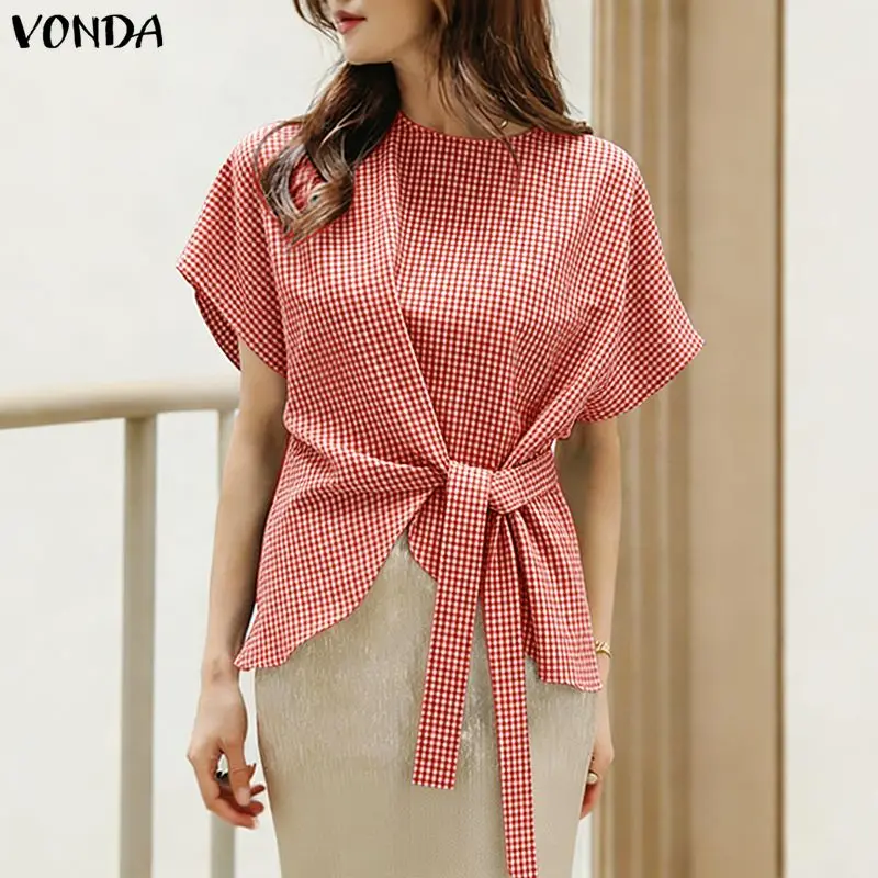 

VONDA Fashion Plaid Women Blouses Short Sleeve Summer Female Blouse Lace-up Irregular Tops O Neck Tee OL Work Streetwear