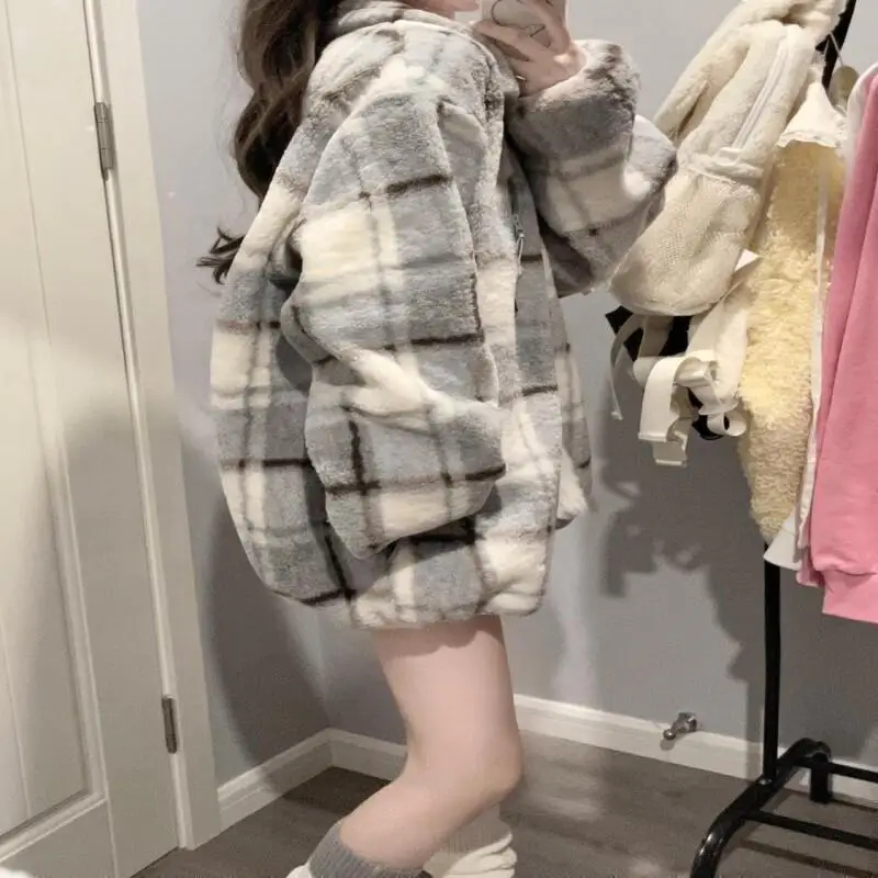 الخريف الشتاء النمط الأمريكي الرجعية منقوشة الوقوف طوق كم طويل صوف مبطن معطف سميك فضفاض متعدد الاستخدامات #3