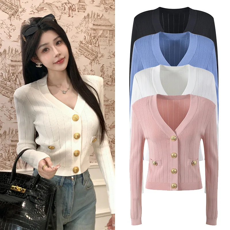 

Облегающий вязаный открытый кардиган с V-образным вырезом и подушечками, модный женский металлический буле Ele Sle для поездок на работу, O...