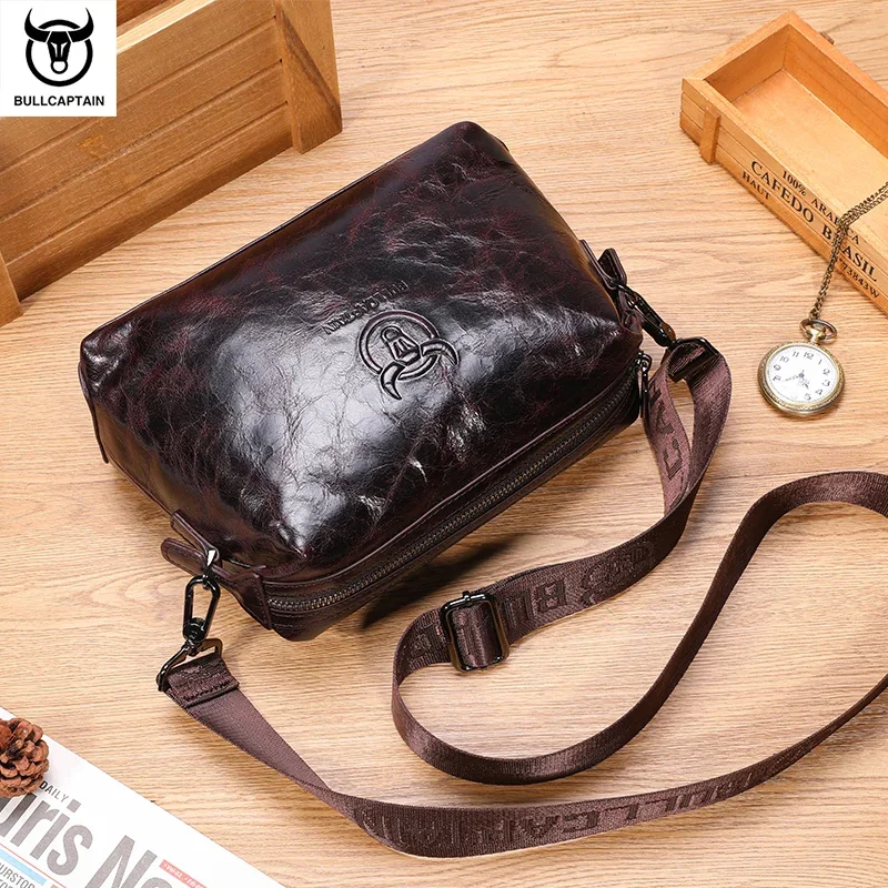 Bullcaptain Echte Leren Heren Schoudertas Casual Mode Messenger Bags Man Grote Capaciteit Onafhankelijke Kaartsleuven Tas