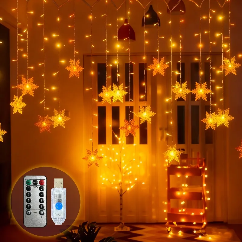 USB Powered Snowflake Curtain Lights Remote Control 8 Modes IP65 Waterproof LED Hanging Light For Window Xmas Indoor Outdoor Dec