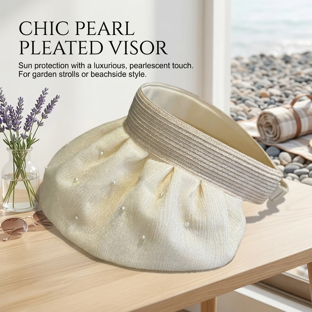Women Foldable Pearl Wide Brim Hollow Top Sun Hat For Outdoor Travel