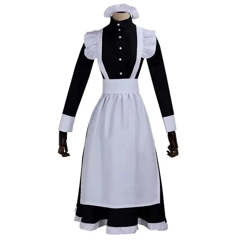 Elegant Victorian Maid Cosplay Uniform Black White Long Ruffle Dress with Apron Headwear for Carnival and Anime Theme Parties