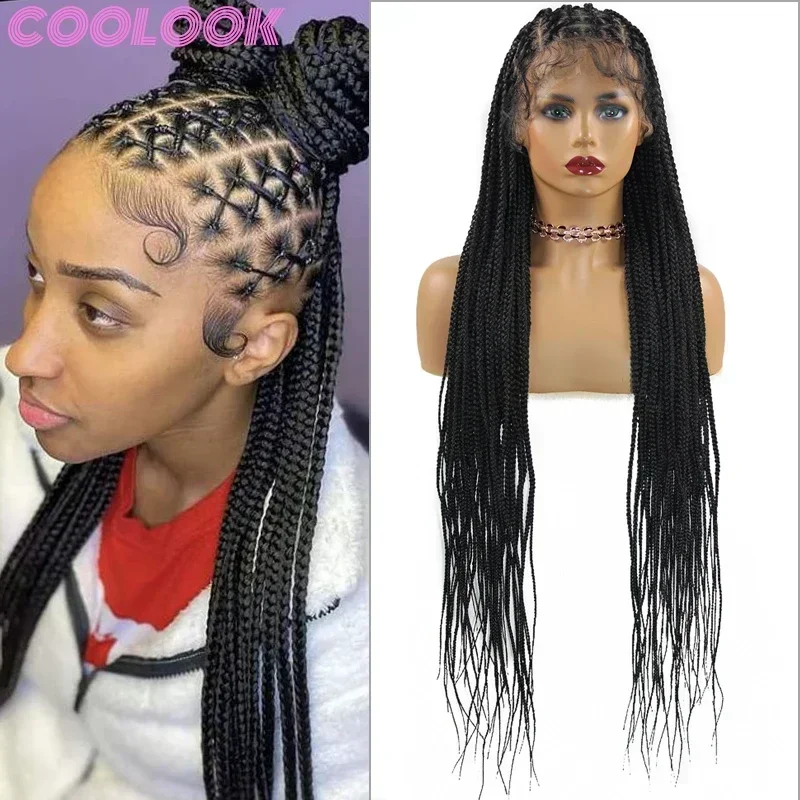 36\'\' Box Braided Wigs Full Lace for Black Women Criss Cross Long 360 Lace Front Box Braids Wig Synthetic Braid Lace Frontal Wigs