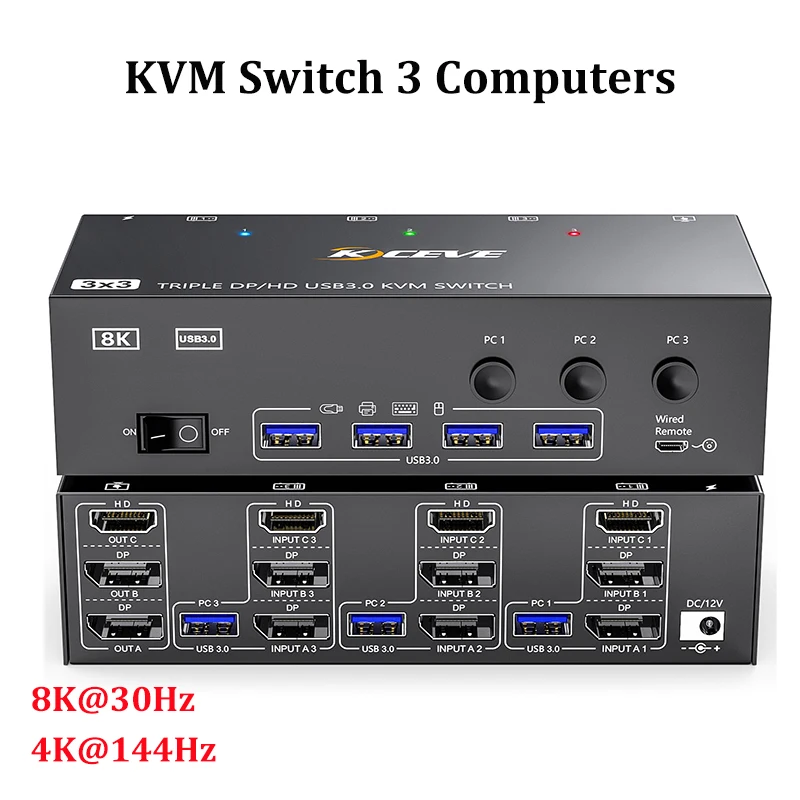 

KCEVE KVM Switch 3 Monitors 3 Computers 8K@60Hz,HDMI + 2* Displayport Triple Monitor KVM Switch,3 Monitor KVM Switch for Mouse