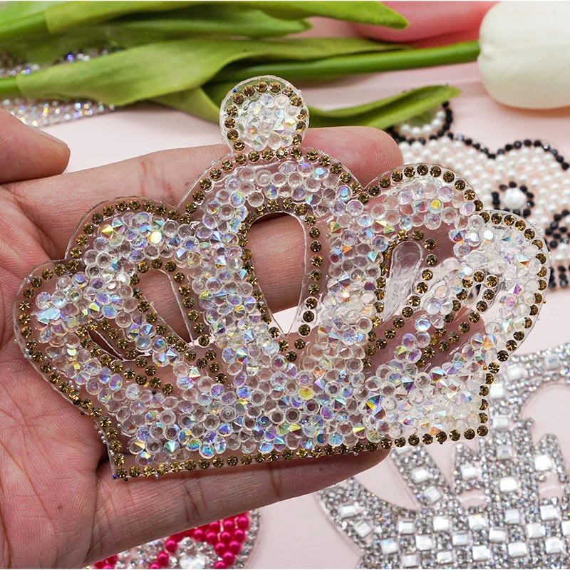 Pearl Crystal Rhinestone crown Patches for Clothing Iron on Clothes Appliques Badge Stripes Fabric Sticker Apparel Accessories