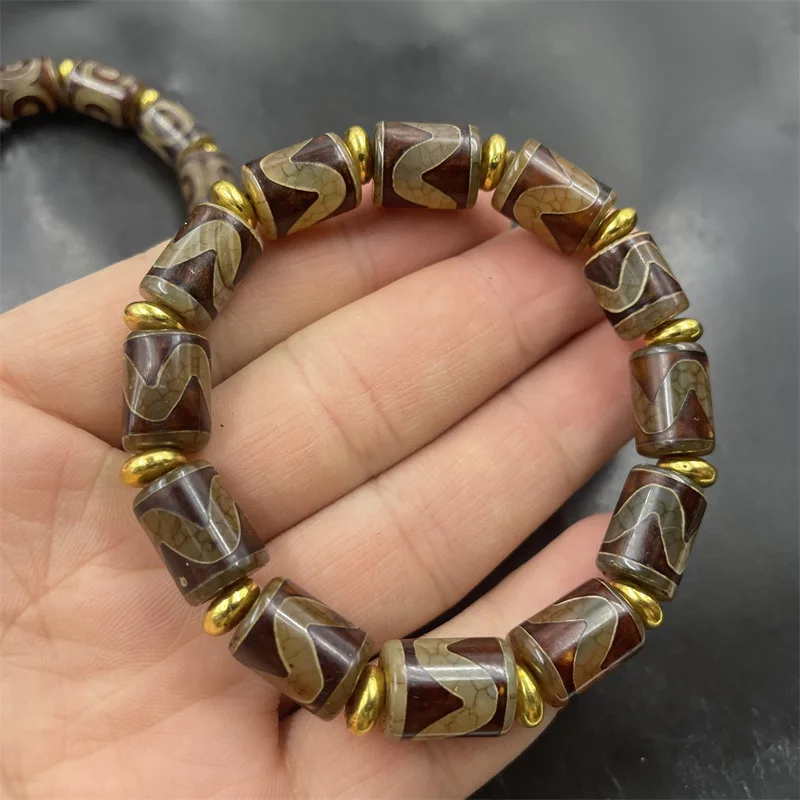 Distressed Three-Eyed Dzi Tiger Tooth Old Agate Cylinder Bead Bracelet