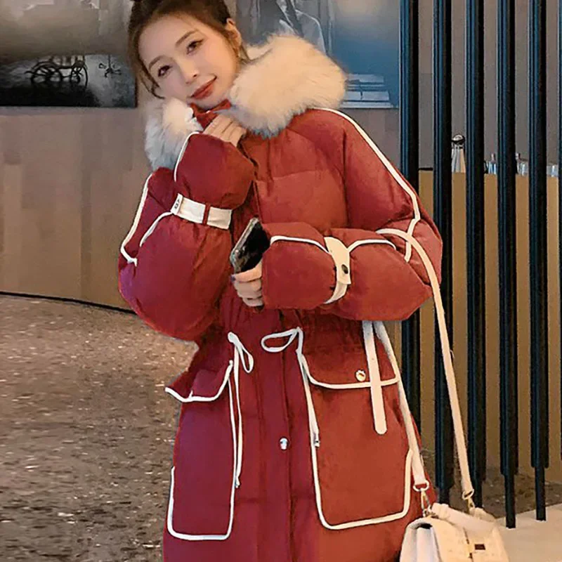 New Winter Women Long Down Cotton Jacket 2023 Fashion Casual Thicken Straight Coat Fur Collar Slim Elegant Warm Female Overcoat