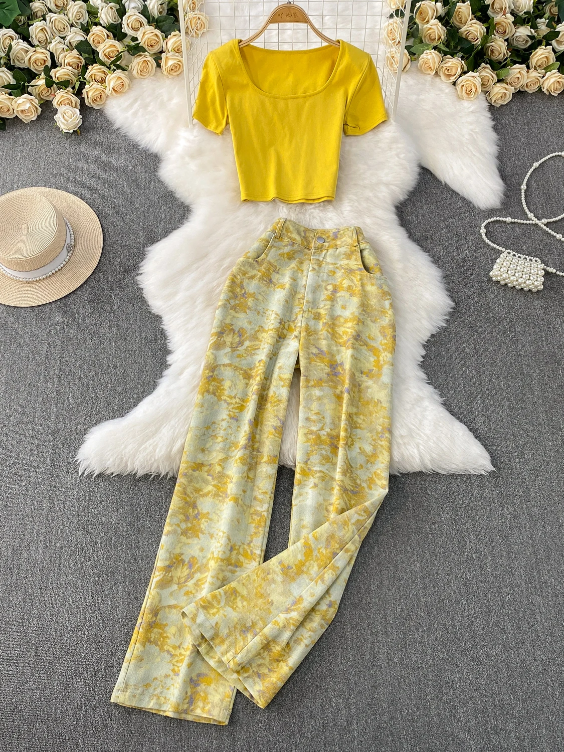 

Sexy ort T-irt + High Waist Wide Leg Pants Two-Piece Set Square Collar Design Embroidery Denim Slimming Effect for Young ...