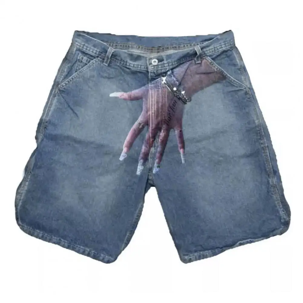 Breathable Men Shorts Hand Printed Men's Denim Shorts with Hop Style Pockets Zipper Fly High Street Short Jeans for A Stylish