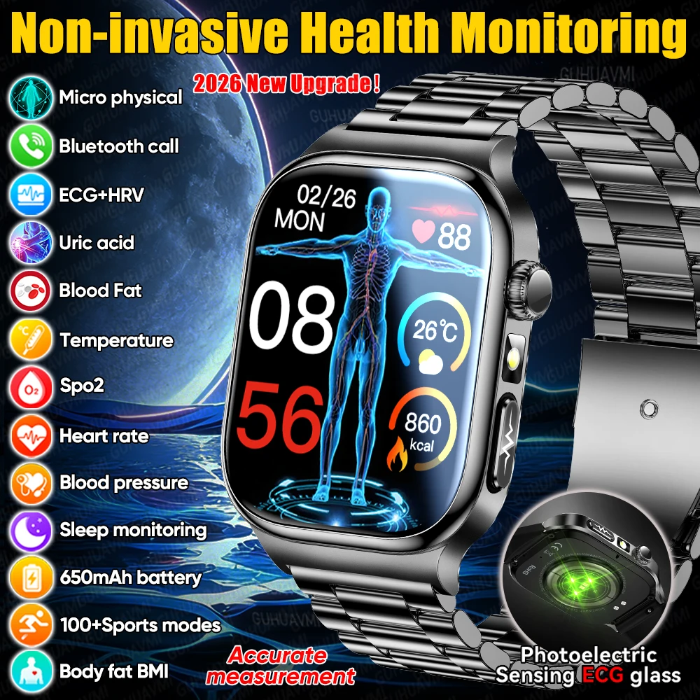 

2026 New Non-invasive Health Monitoring Smart Watch Men ECG+PPG Body Analysis Uric Acid Lipids AMOLED Screen BT Call Smartwatch