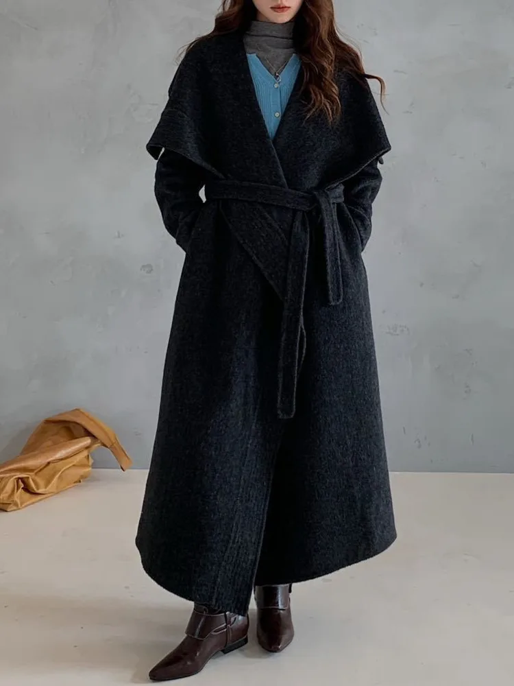 ZMEENNA レディース ロング ウール ブレンド コート 大きなショールカラー付き オープンフロント 暖かい冬用アウター ルーズフィット スタイル エレガント ZM4392