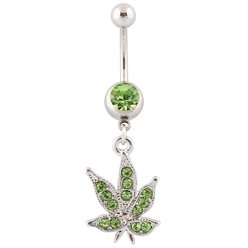 Belly button ring Banana Dangle Leaf Green Rhinestones Navel bar 14G Stainless steel 10mm Pin Piercing jewelry Nickel free