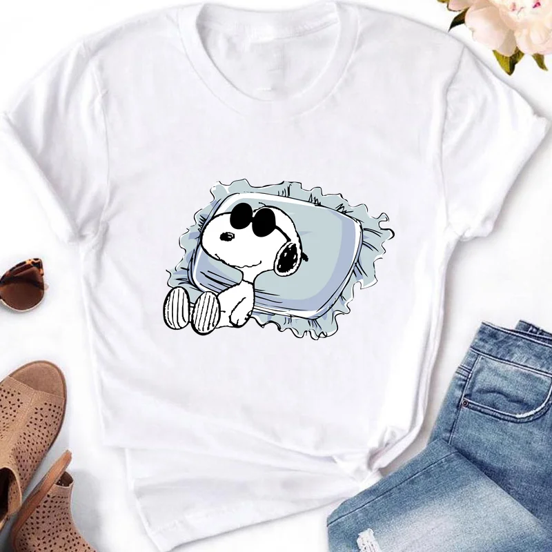 Camiseta de Snoopies con estampado de perro y Animal para mujer, camiseta de manga corta con cuello redondo, camisetas estampadas, ropa para mujer
