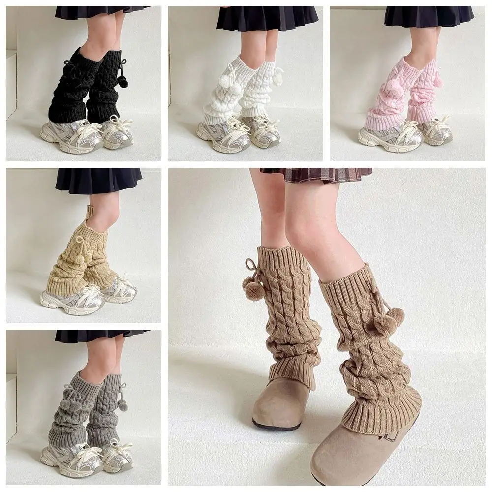 Kawaii Korean Style Children's Leg Warmers Balletcore Harajuku Knitted Leg Cover Woolen Foot Cover Plush Ball Leg Socks Girls