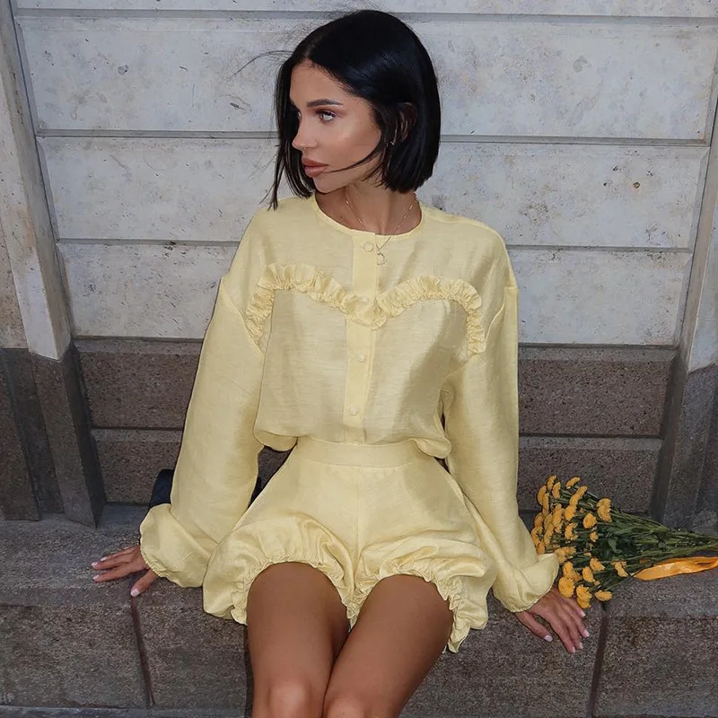 TARXUY New Solid Color Fungus Long Sleeve Top And Bloomer Pants Suit For Women Elegant Loose Cardigan Short Pants 2 Pieces Set
