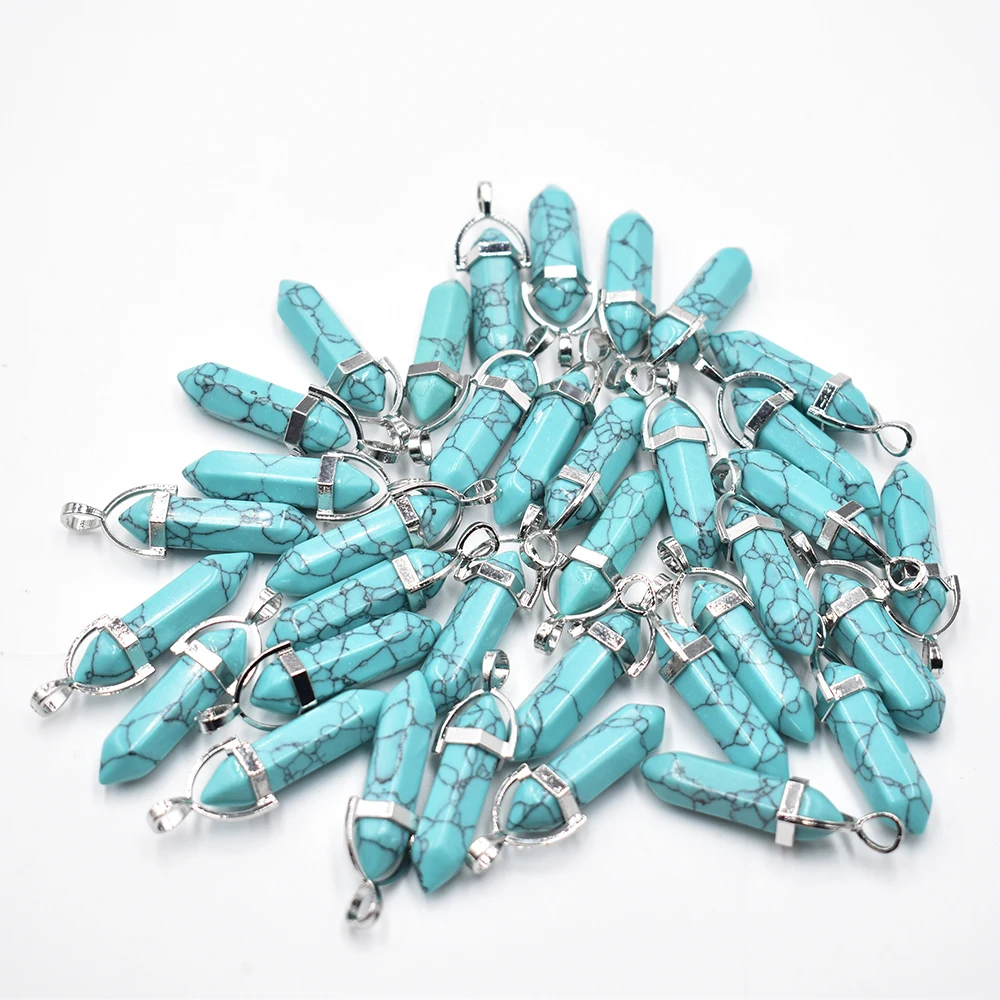 Wholesale 24 50 100pcs/lot fashion good quality blue turquoises pillar shape point Chakra charms pendant for jewelry making free