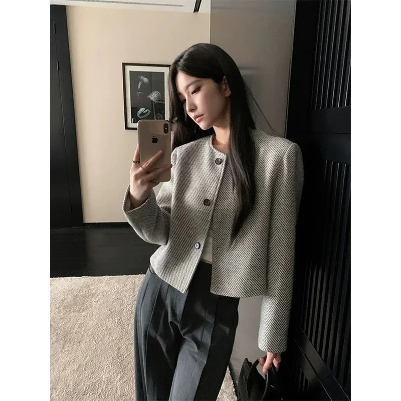 

Elegant Tweed Jacket Women Vintage Cropped Coats Korean Long Sleeve Short Outerwears Autumn Office Ladies Design Blazer