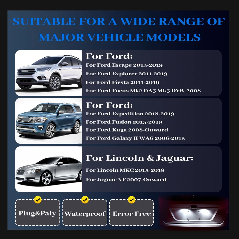 For Ford Explorer Escape Fiesta Fusion S-Max 2011-2019 LED License Plate Lights For Lincoln MKC For Jaguar XF Error Free 2PCS
