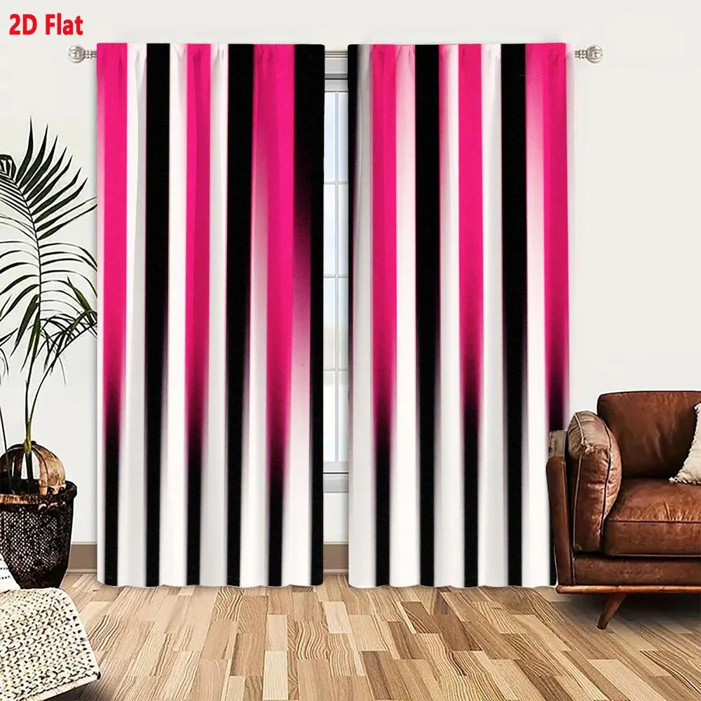 2Pcs Curtains 2D Flat Vertical Alternating Stripes Black White And Gradient Pink Abstract Pattern With Rhythmic Repetition Windo