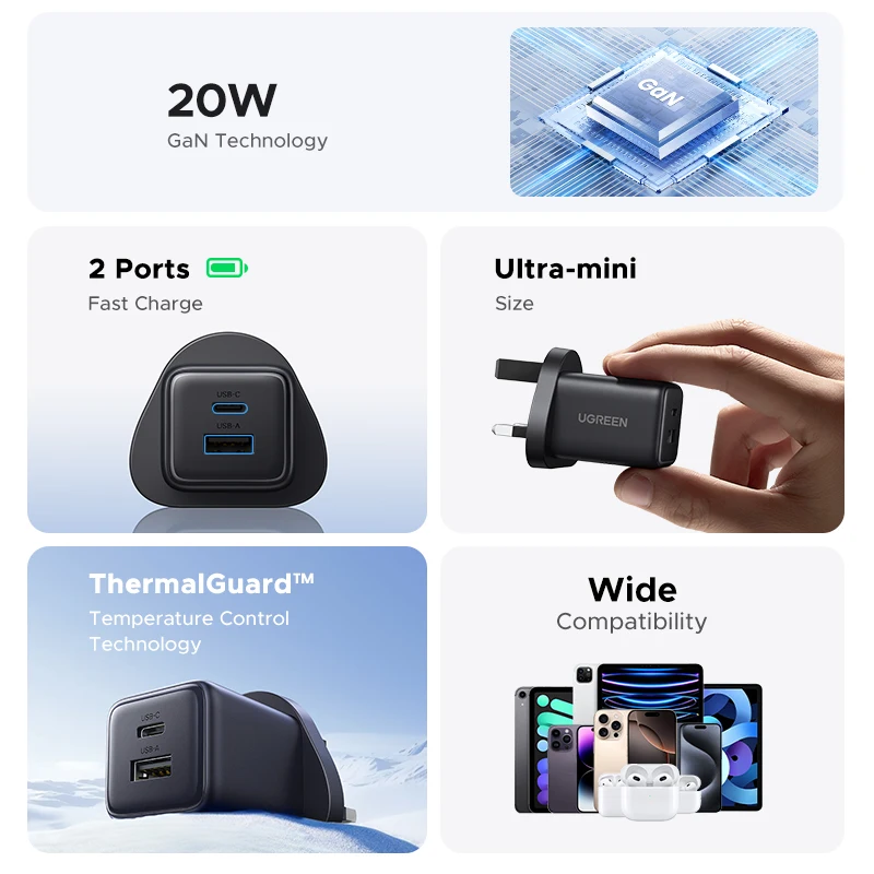 【US Plug】UGREEN 20W GaN Charger For iPhone 16 15 14 Pro Max Samsung S25 Xiaomi Tablet iPad Air PD3.0 Mini USB C Phone Charger