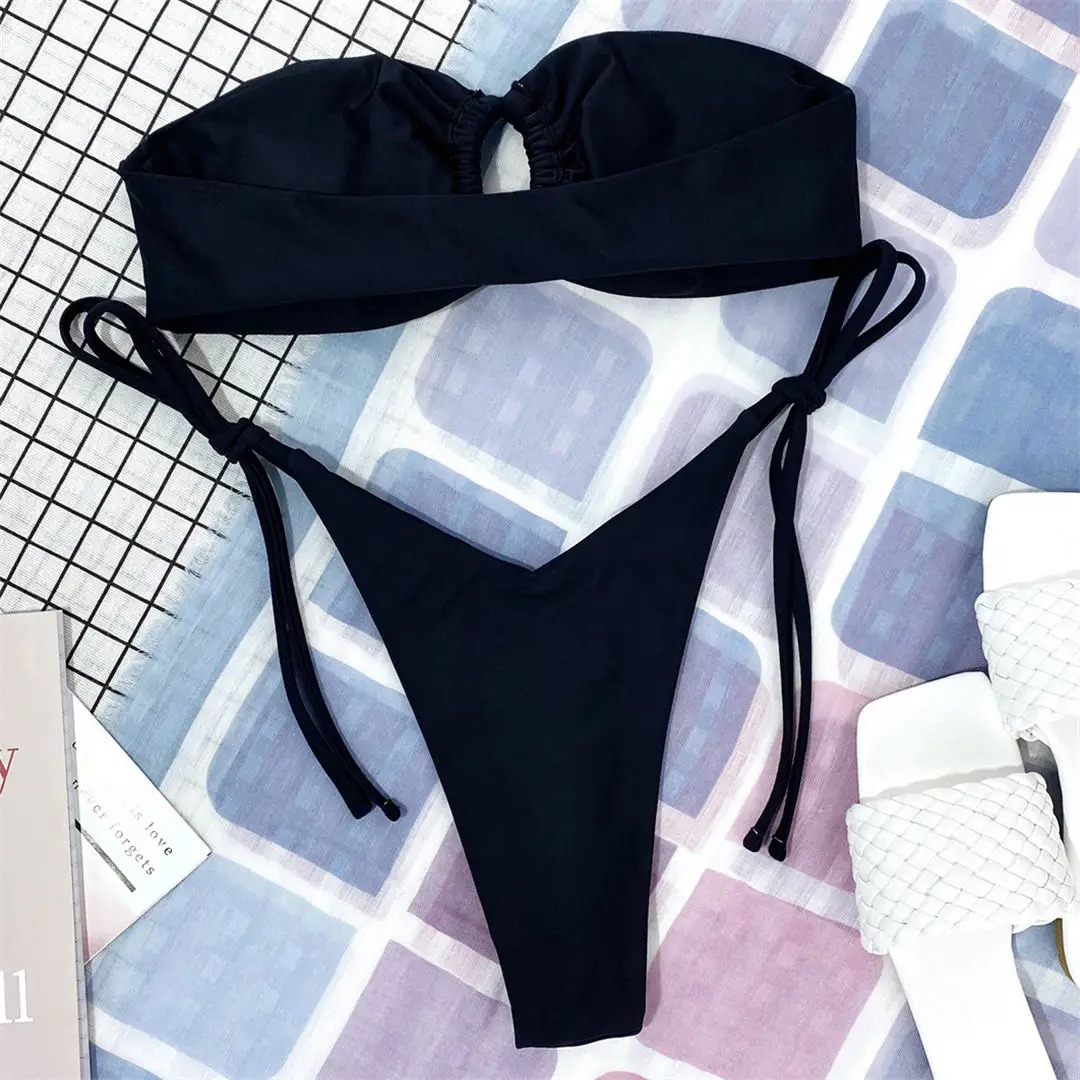 Bandeau-Mikro-Tanga-Bikini, Damen-Badeanzug, zweiteiliges Bikini-Set, trägerloser, hoch geschnittener Badeanzug, Badebekleidung, Modell V3040. – Detail 35