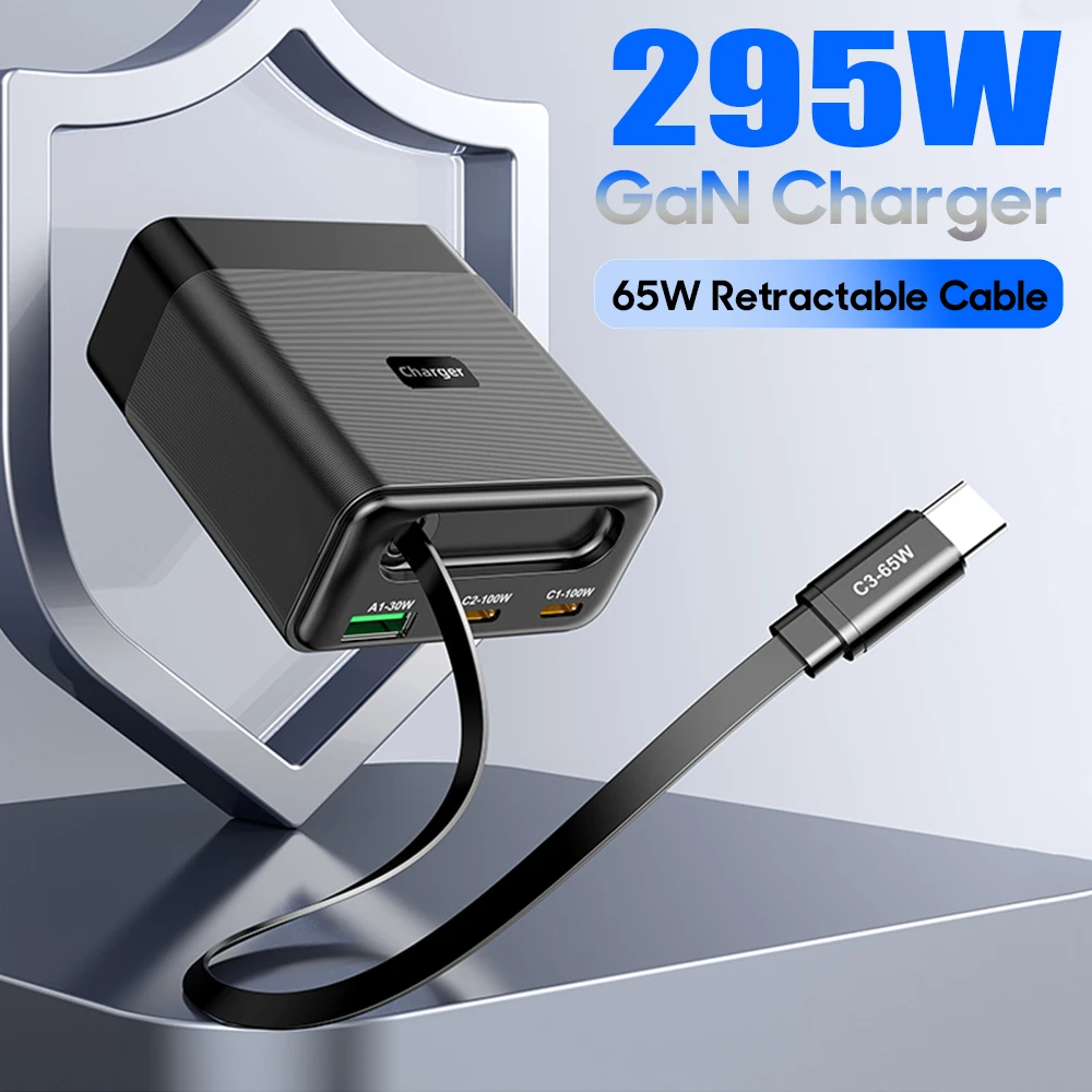 

Зарядное устройство GaN мощностью 295 Вт, 2 порта USB-C 100 Вт PD и 1 порт USB-A 30 Вт, с выдвижным кабелем Type-C 65 Вт для быстрой зарядки MacBook, iPhone, Samsung