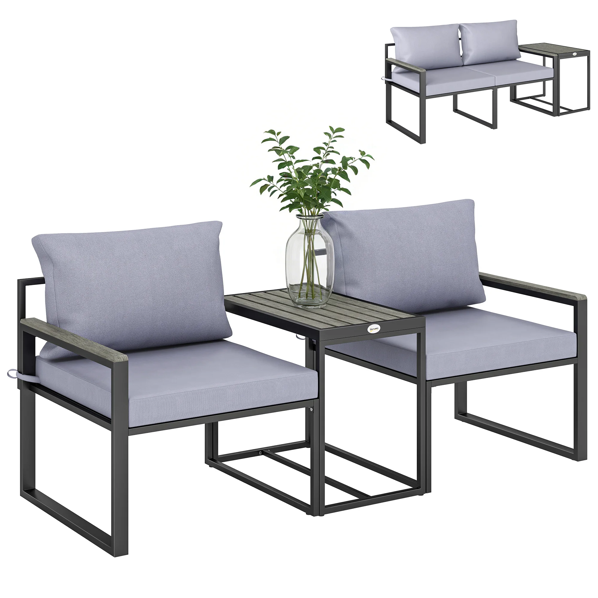 Outsunny 3-teiliges Balkonmöbel Set 2 Sessel mit Tisch Sitz-& Rückenkissen