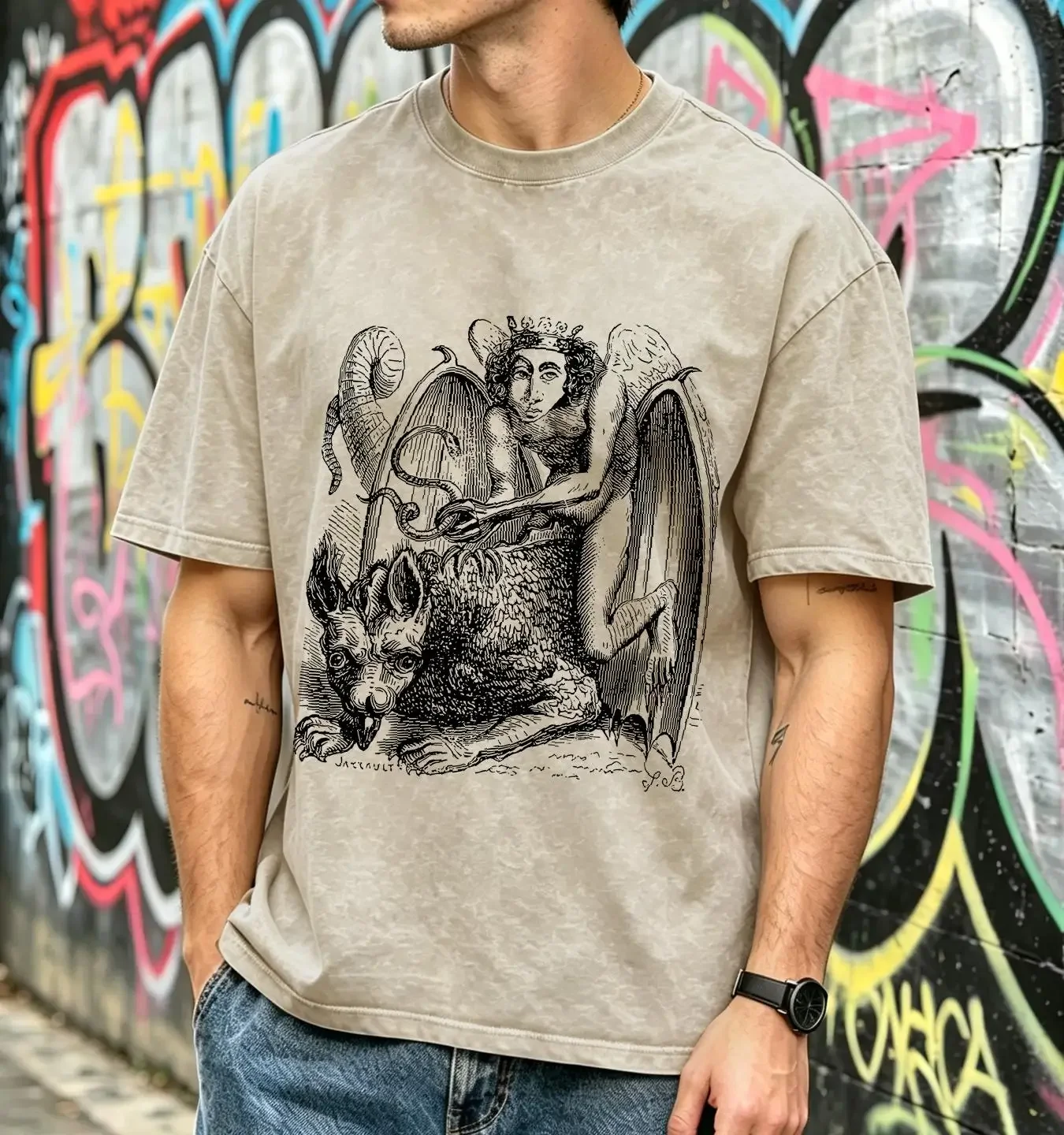 washed T Shirt Astaroth Adult Organic Cotton Remastered Vintage Occult Art Oversized Print long or short sleeves vintage Soft