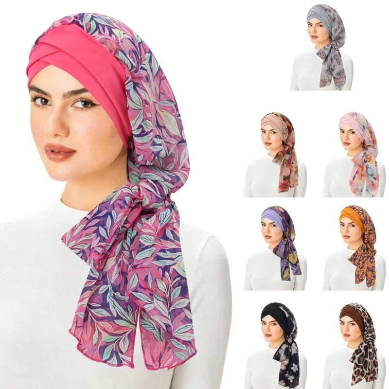 Lightweight Turban Headscarf Cap Breathable Printed Head Wrap with Twisted Front and Scarf Tail for Daily Travel