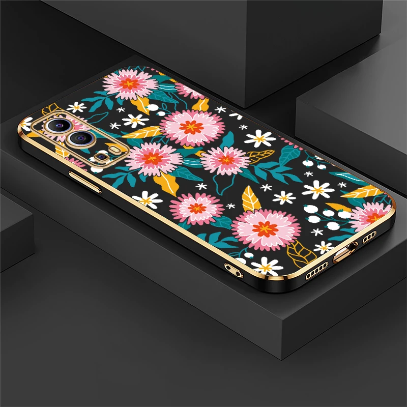 Capa de Telefone de Luxo em TPU com Revestimento para Vivo IQOO U5X U1X Neo Z3 Z7, Pintura Floral, Silicone Macio, Antichoque e Antiqueda.