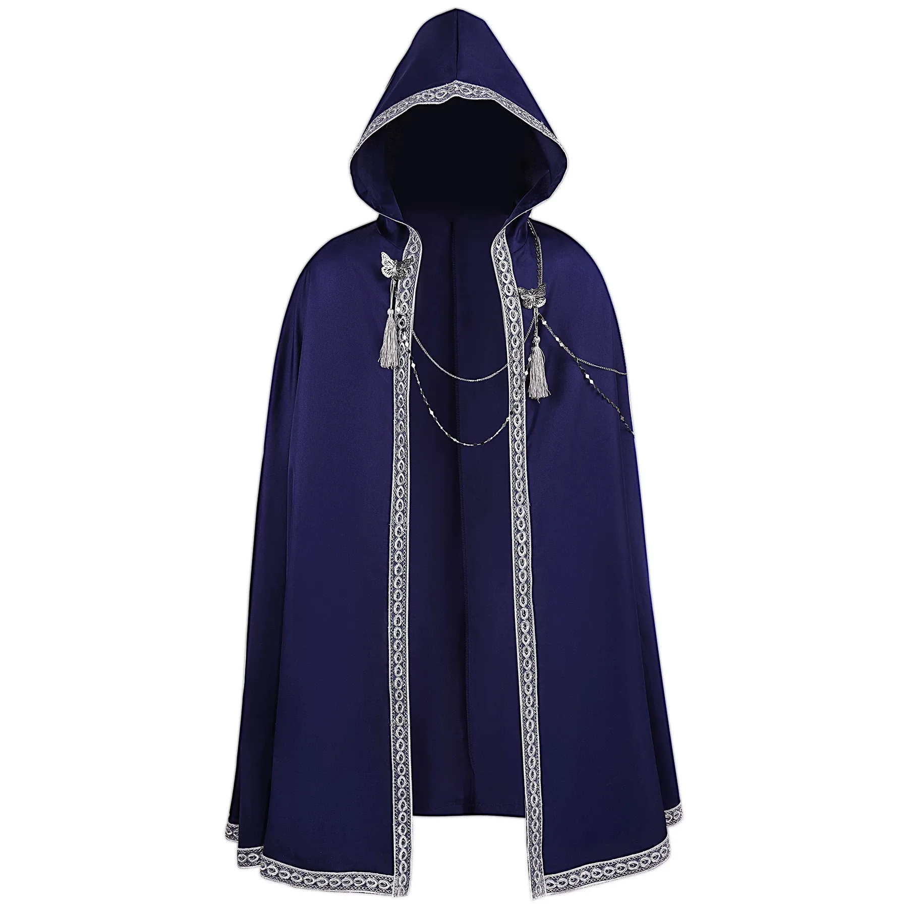 Gothic Medieval Cape Hooded Cloak with Silvery Chain Death Devil Vampire Wizard Monk Witch Knight Halloween Costume - view 2