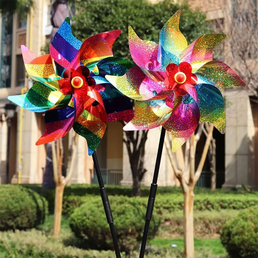 2 pçs reflexivo lantejoulas repelente de pássaros à mão moinho de vento multicores seção dupla pólo repelente de pássaros anti pássaros moinho de vento 24cm