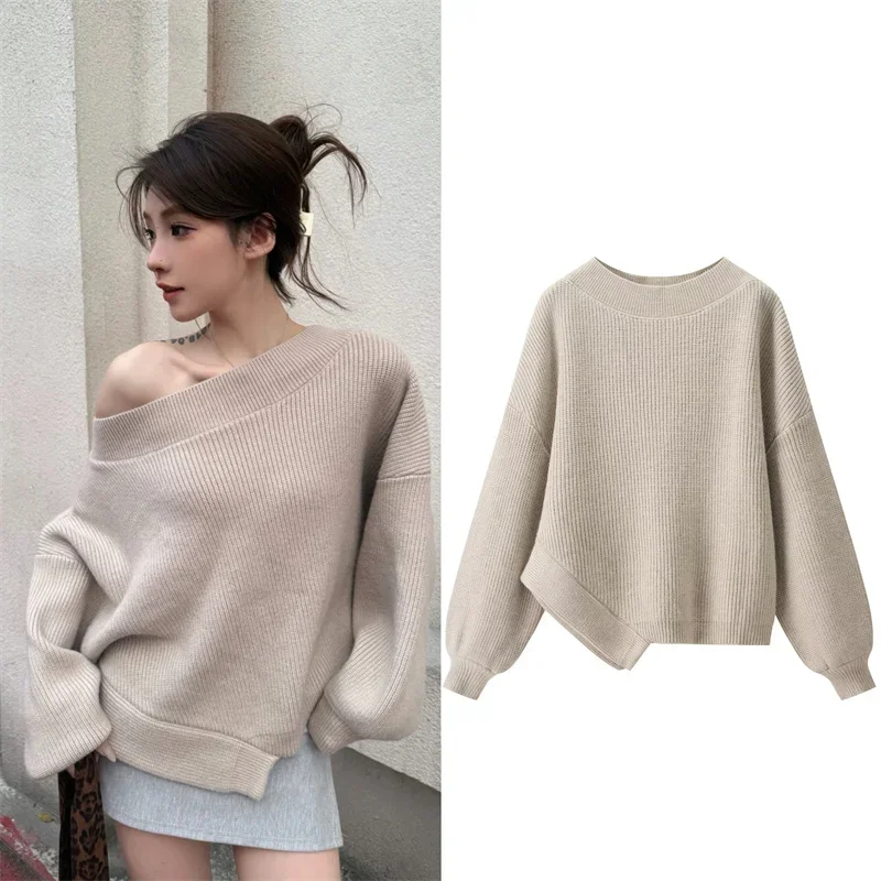 2025 Top da donna autunno nuovo stile kaki manica lunga orlo irregolare pullover in maglia allentata sexy e alla moda