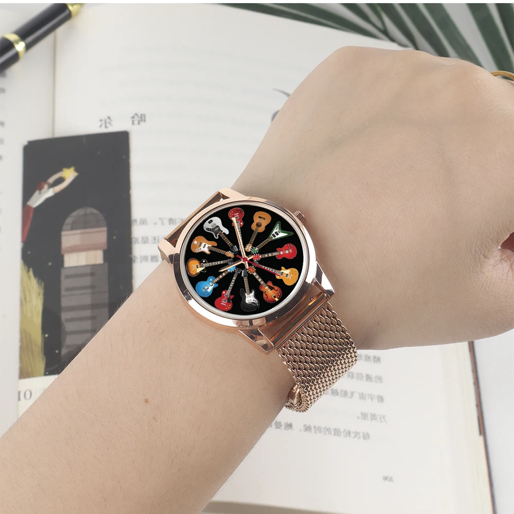 Orologio da uomo con quadrante da 45/38 mm di diametro per chitarra, movimento al quarzo universale, orologi, cinturino in pelle, acciaio inossidabile, silicone, oro rosa