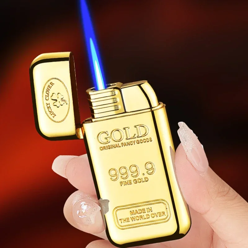 Compact Creative Gold Brick Windproof Jet Blue Flame Torch Gas Lighter Small and Rich Portable Cigar Lighters Smoking Wholesale