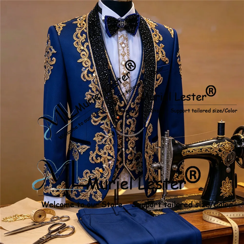 Exquisite Groom Wedding Suits Sparkly Sequins Label Prom Blazers Customized 3 Pieces Sets Man Banquet Tuxedos Beading Outfits