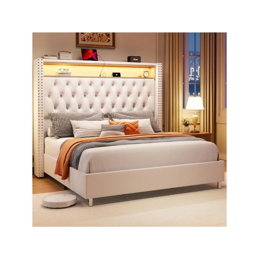 

Bed Frame 53.6'' Tall Headboard LED Lights and Charging Station, Velvet High Upholstered Platform Bed Wingback Storage